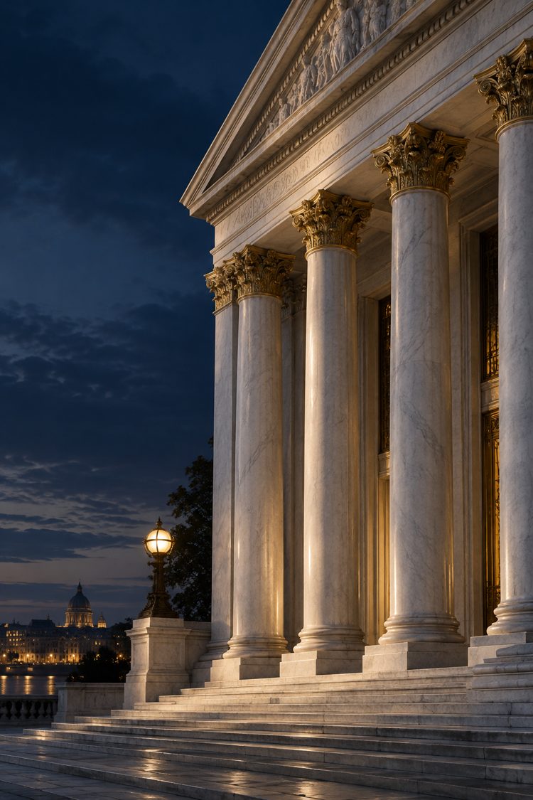 Classical building with marble columns at dusk
