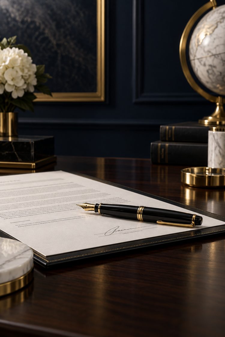 Fountain pen resting on a signed agreement