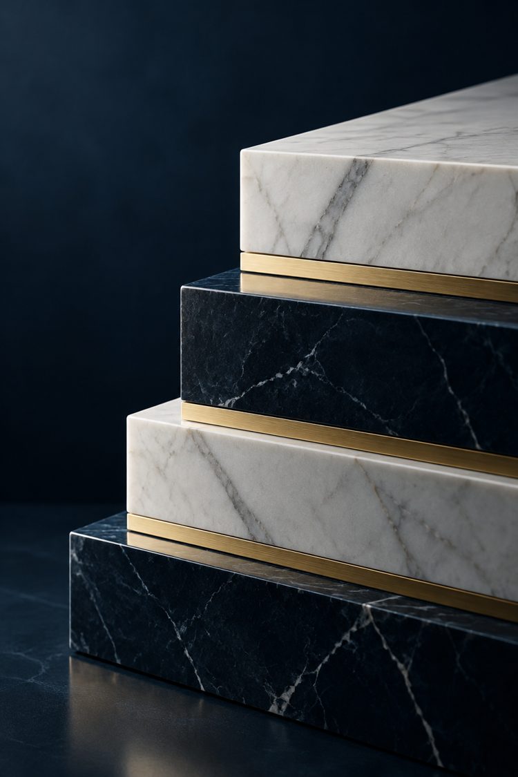 Layered marble slabs representing a capital stack